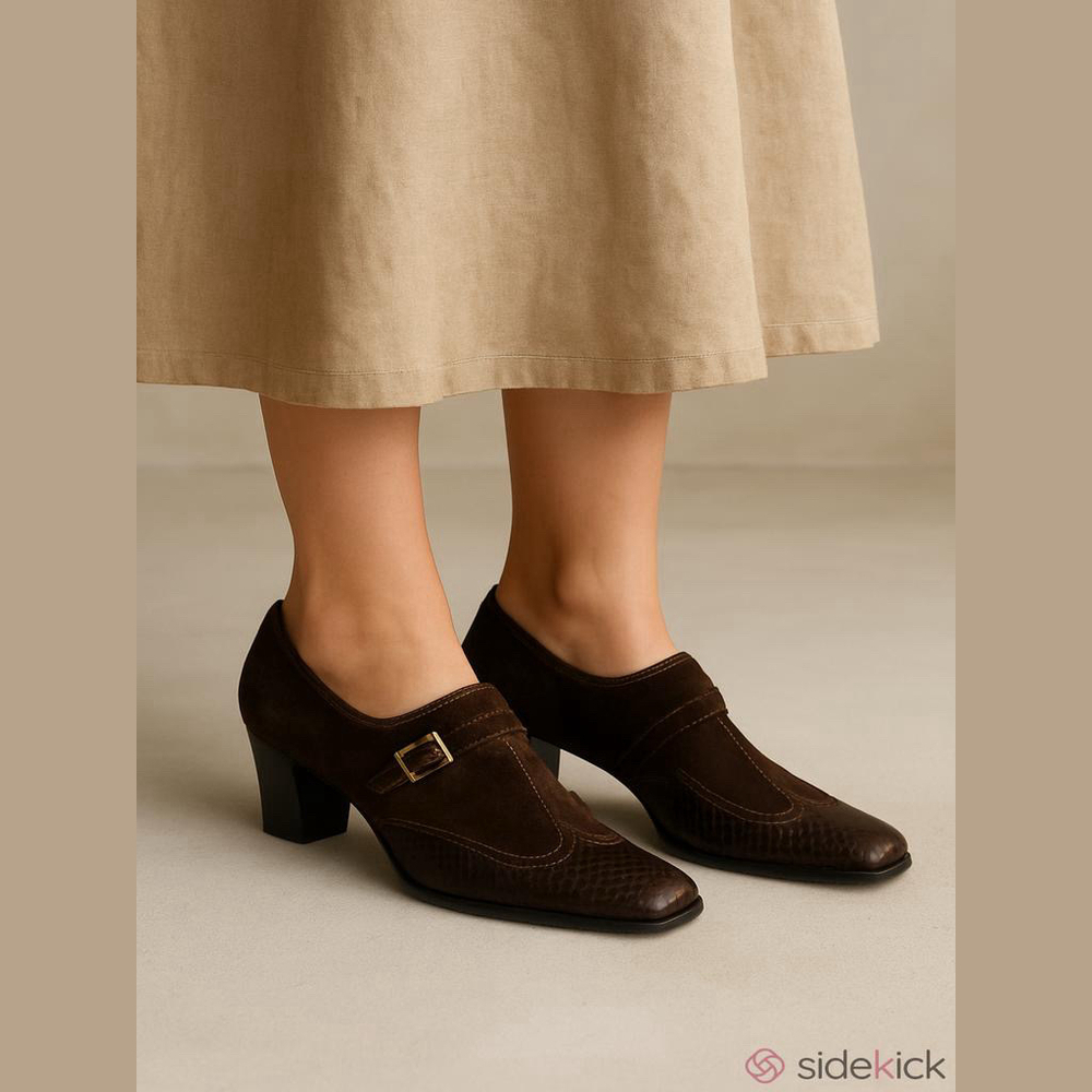 Dorndorf Y2K Brown Suede Croc Monk Strap Square Toe Heels 7.5